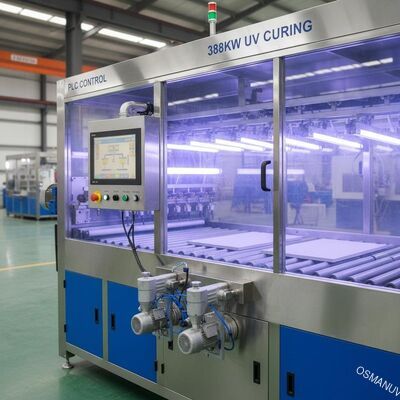تخته ام دی اف 388 کیلووات Uv Light Curing Spray Coating Machine PLC کنترل تخته سیلیکات کلسیم